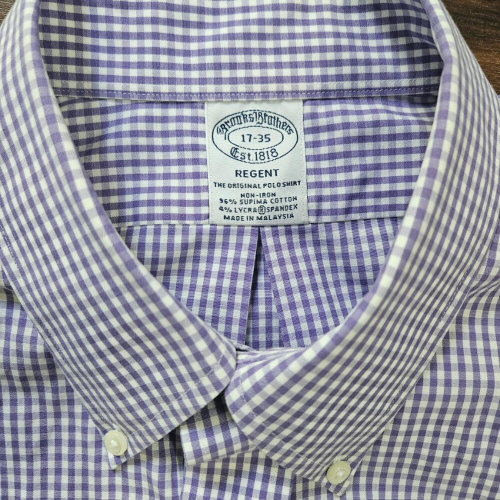 Brooks Brothers Shirt Mens 17 Regent Non-Iron Supima Purple Gingham Check